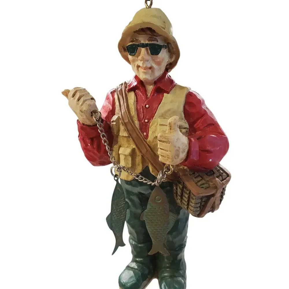 Vintage Fisherman Christmas Ornament Wood Hand Carved NEW OS Grandpa Dad